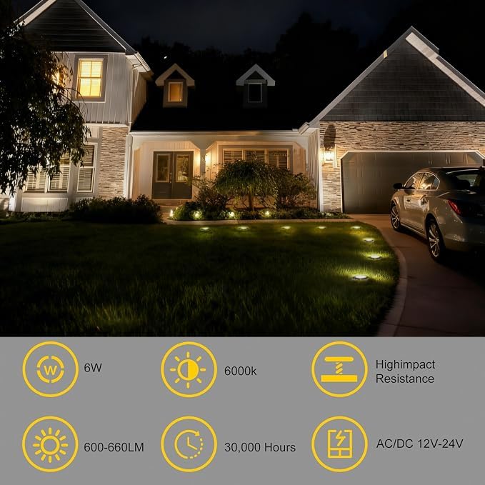 JESLED Outdoor Landscape Lights, 6W LED In Ground Well Lights, 12V 24V 3000K Warm White, IP67 Waterproof Low Voltage Landscaping Spotlight for Driveway Deck Step Yard Fence Garden Pathway (12 Pack)