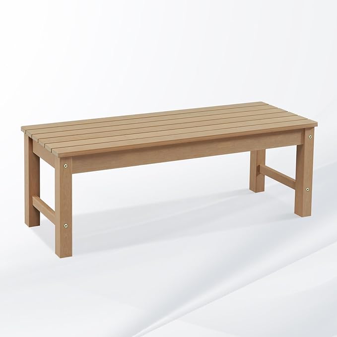 Psilvam Outdoor Bench, Two Person Poly Lumber Porch Bench, Weatherproof Garden Bench That Never Rot and Fade, All-Weather Patio Bench Suit for Garden, Porch, and Park (Teak Color)