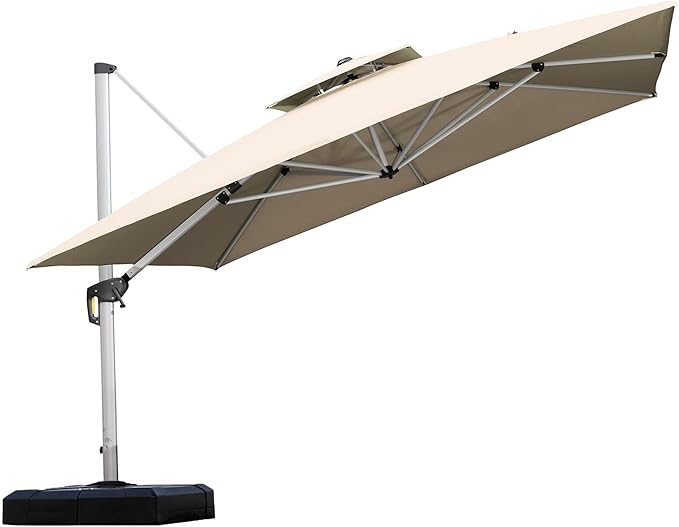 PURPLE LEAF 11 Feet Double Top Deluxe Square Patio Umbrella Offset Hanging Umbrella Outdoor Market Umbrella Garden Umbrella, Beige