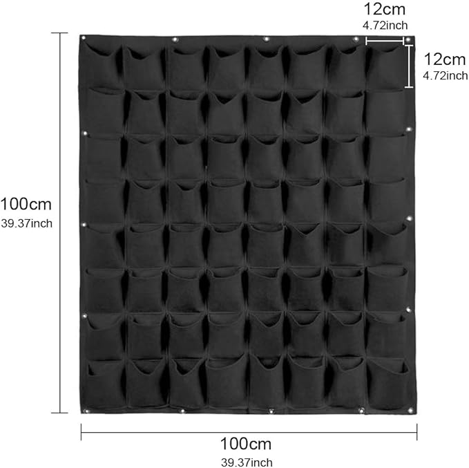 Hanging Planting Grow Bags, 64 Pockets Hanging Vertical Wall Planter Wall Mounted Grow Bag Outdoor Indoor Gardening Vertical Greening Flower Container, Planting Bags Storage Bags(1.0 m × 1.0 m, Black)