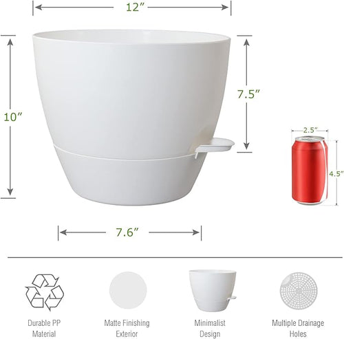 12inch 2Pack Large Self Watering Planters, Plastic Plant Pots with 60oZ Removable Deep Reservoir and Multi Mesh Drainage Holes for Indoor Outdoor Garden Plants and Flowers, White