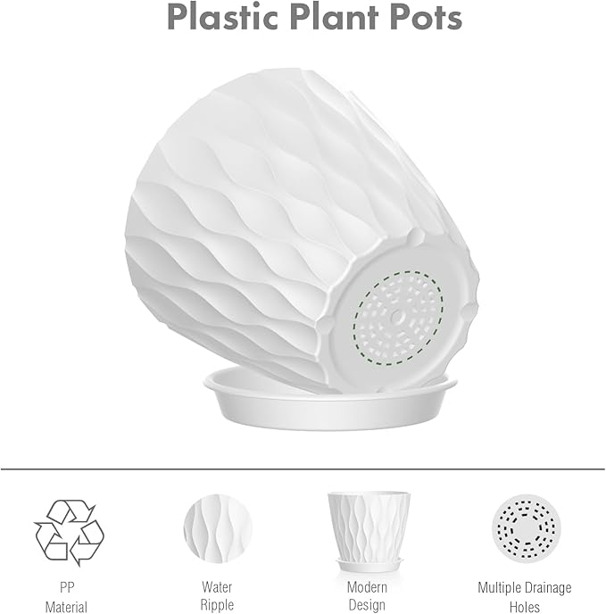 6 inch Flower Pots, 5 Pack Plant Pots for Indoor Outdoor Plants, Water Ripples Plastic Planters with Drainage Holes and Saucers, Nursery Pots for Small Succulent Garden House Plants, White