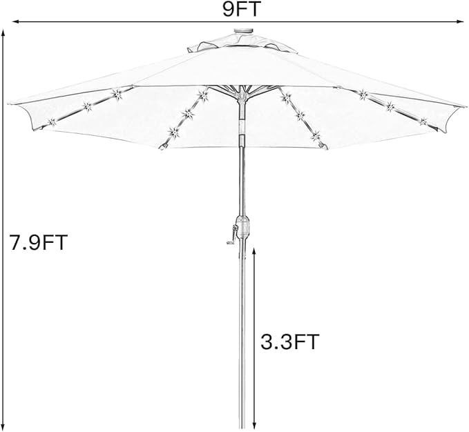 Sunnyglade 9' Solar LED Lighted Patio Umbrella with 8 Ribs/Tilt Adjustment and Crank Lift System (Black)