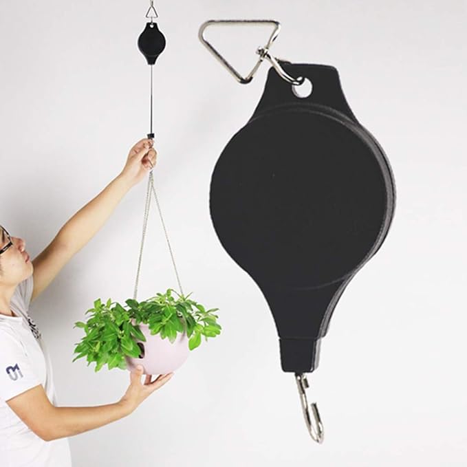 Pack Plant Hook Pulley, Retractable Plant Hanger Easy Reach Hanging Flower Basket for Garden Baskets Pots and Birds Feeder Hang High up and Pull Down to Water Or Feed (Black 2Pack)