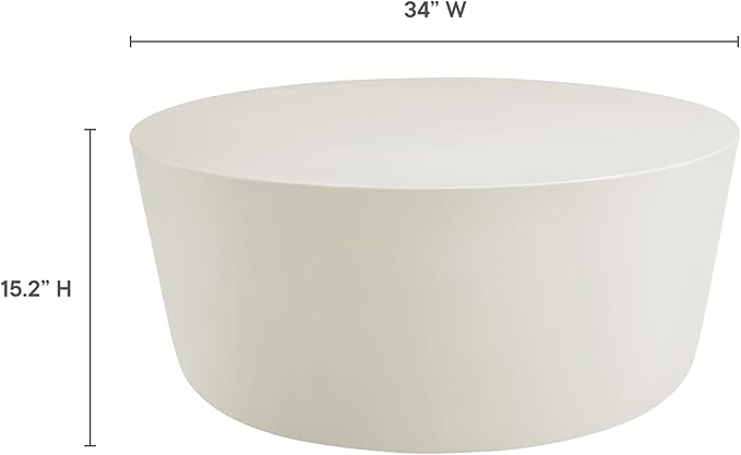 Modway Brion 34 Inch Round Concrete Coffee Table – Indoor/Outdoor Tapered Cylinder Coffee Table – Low Center Table for Living Room or Patio in White