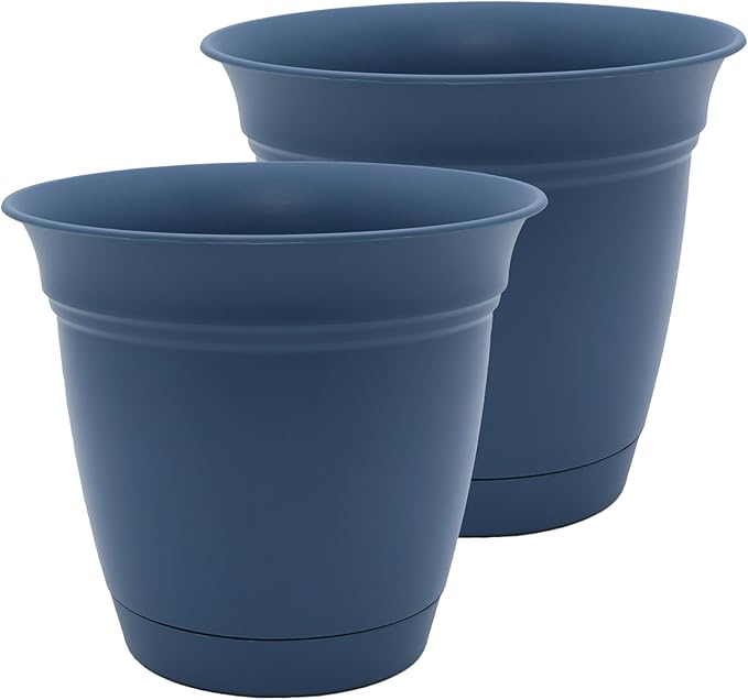 The HC Companies 16 Inch Eclipse Round Planter Pots with Drainage Holes & Attached Saucer, Lightweight UV-Resistant Plastic Indoor & Outdoor Planters, 2-Pack Flower Pots, Garden Home Decor, Slate Blue