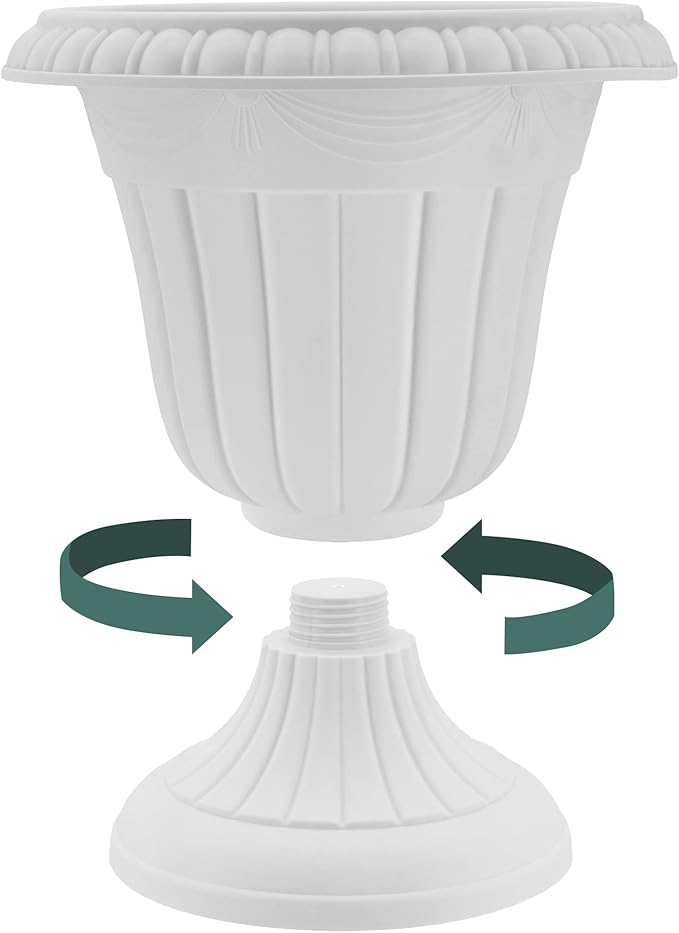 Arcadia Garden Products PL00SL Classic Traditional Plastic Urn Planter, Indoor/Outdoor Garden Plant Pot Garden Décor, 16” x 18”, Brushed Silver