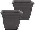 The HC Companies 10 Inch Eclipse Square Planter Pots with Drainage Holes & Attached Saucer, Lightweight UV-Resistant Plastic Indoor Outdoor Planters, 2-Pack Flower Pots, Garden Home Decor, Warm Gray