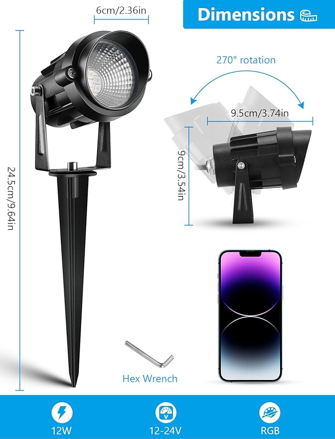 12W RGBW Color Changing Landscape Lights - Low Voltage LED Landscape Lighting, Remote Control Spotlight Outdoor Waterproof Garden Pathway Halloween Christmas Spot Lights, 8 Pack with Connector