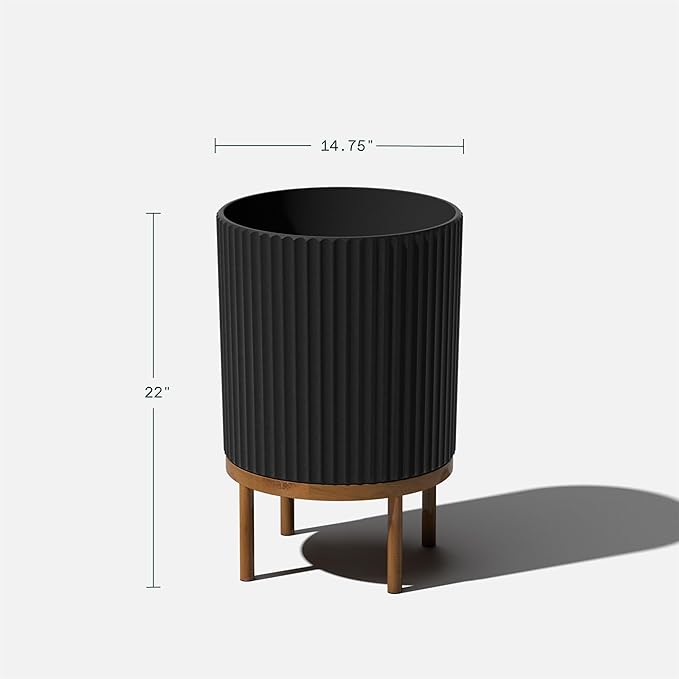 Veradek Demi Series Round Planter w/Stand for Porch/Patio | Durable Plastic-Stone Composite & Wooden Stand | Modern Décor for Tall Plants, Flowers