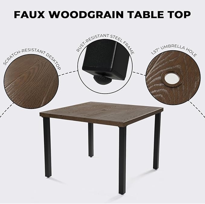 Grand patio 5-Piece Outdoor Dining Set for 4, Metal Woven Wicker Swivel Patio Chairs with Thickened Cushions & 1 Square Woodgrain Dining Table with Umbrella Hole for Backyard Deck (Brown)