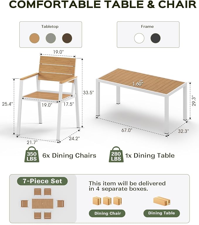Outdoor Dining Chairs Set of 2, HDPS + Aluminum Patio Dining Chairs with Ergonomic Design and Wide Seat, 2 Piece Outdoor Chairs for Garden, Backyard, Deck (White-Teak)