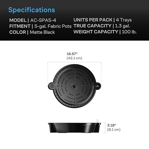 AC Infinity Self-Watering Fabric Pot Base, 4-Pack Auto-Irrigation Water Delivery System with Reservoir Meter, Elevated Plant Saucers for Use in Indoor Grow Tents, Greenhouses, and Outdoor Gardens