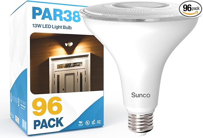 Sunco 96 Pack Outdoor LED Flood Home Patio Driveway Light, Waterproof PAR38 LED Bulb, CRI90, 4000K Cool White, 1050 Lumens, 100W Equivalent 13W, Dimmable, Wet-Rated, E26 Base UL.