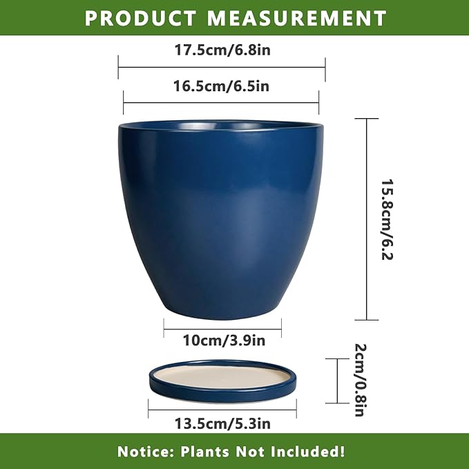 6.8 Inch Plant Pot - Ceramic Planter with Drainage Hole and Saucer, Modern Round Flower Pot, Planters for Indoor Plants, Home Garden Decor, Blue