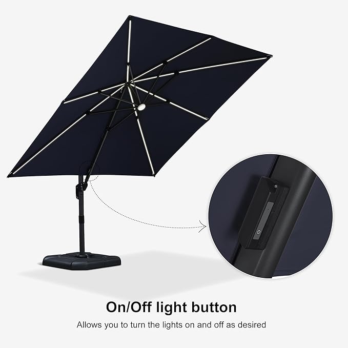 PURPLE LEAF 10 Feet Patio Umbrella Solar Powered LED Square Outdoor Cantilever Umbrella with LED Lights Aluminum Offset Umbrella with 360-degree Rotation for Garden Deck Pool Patio Navy Blue