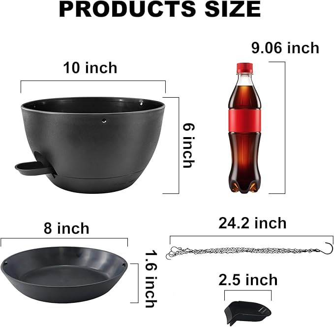 10 inch Hanging Planters for Indoor Plants, 3 Pack Self-Watering Hanging Planter Pots with Chain and Drainage Holes, Outdoor Plastic Hanging Baskets for Garden Home Decor (Black, 3pcs/10inch)