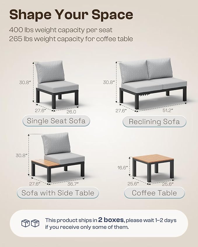Aluminum Outdoor Patio Furniture Set, 4 Seats Modular Patio Sectional Sofa Set with Adjustable Backrest & Removable Cushions, All-Weather Outdoor Conversation Sets for Garden & Yard, Gray
