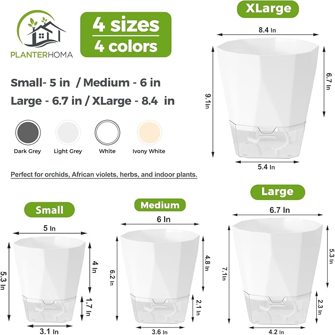 5 Pack Self Watering Pots for Indoor Plants, 5/6.7/8.4 Inches Self Watering Planters African Violet Self Watering Clear Pots for Plants Herb Orchid Flower Houseplant Pots, White