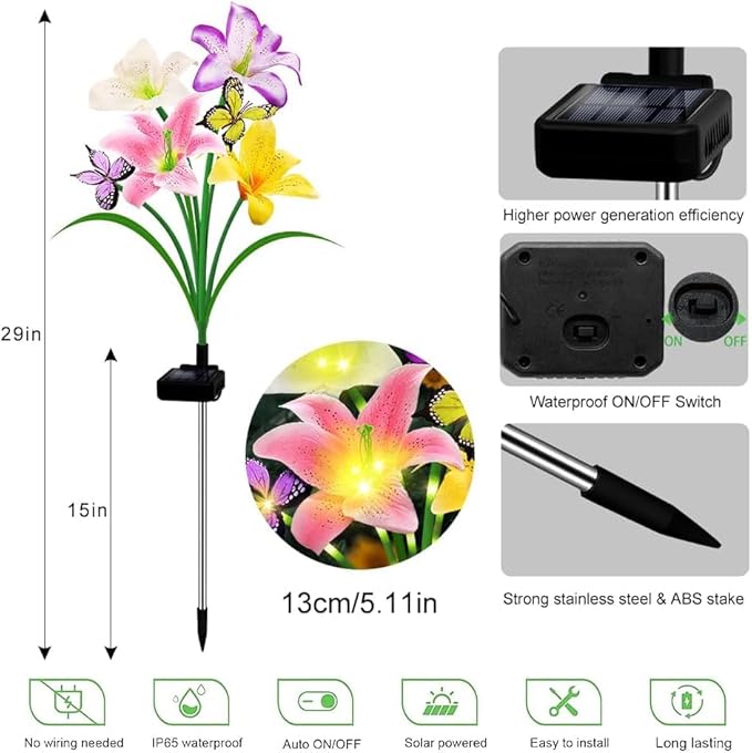 6 Pack Solar Garden Lights LED Solar Lilies Flower Lights, Yard Patio Pathway Decoration High Flexibility Copper Wire Handmade Silk Artificial Flowers Never Wither, Gift for Family, Friends