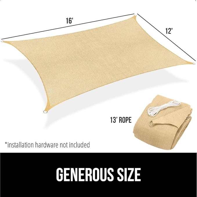 GORILLA GRIP Heavy Duty Sun Shade, UV Protection Fade Tear and Rust Resistant Rectangle Sunshade Canopy, Curved Edges Blocks Sunlight, Breathable Sail, Outdoor Patio, Lawn Garden 12x16 FT Sand