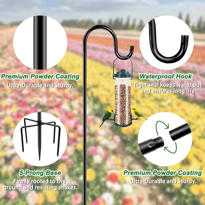 48" Shepherds Hooks for Outdoor, Heavy Duty Garden Bird Feeder Pole for Hanging Bird Feeder, Plant Baskets, Solar Light Lanterns, Outdoor Plant Hanger Hook with 5 Base Prongs,1 Packs