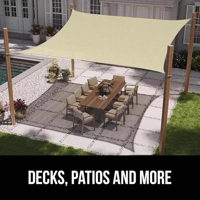 GORILLA GRIP Heavy Duty Sun Shade, UV Protection Fade Tear and Rust Resistant Rectangle Sunshade Canopy, Curved Edges Blocks Sunlight, Breathable Sail, Outdoor Patio, Lawn Garden 10x10 FT Butter Cream