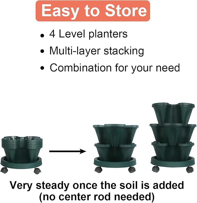 Vertical Planter 4 Tier Stackable Planters Garden Planters Strawberry Herb Flower and Vegetable Planter Indoor Outdoor Gardening Pots with Removable Wheels and Tools