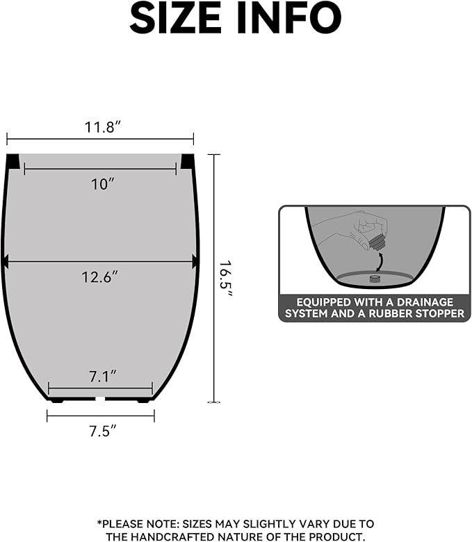 Kante 16.5 Inch Tall Concrete Planter, Large Indoor Outdoor Plant Pot with Drainage, Smooth Black Finish with Painted Interior, Ideal for Porch, Home, Garden, Patio