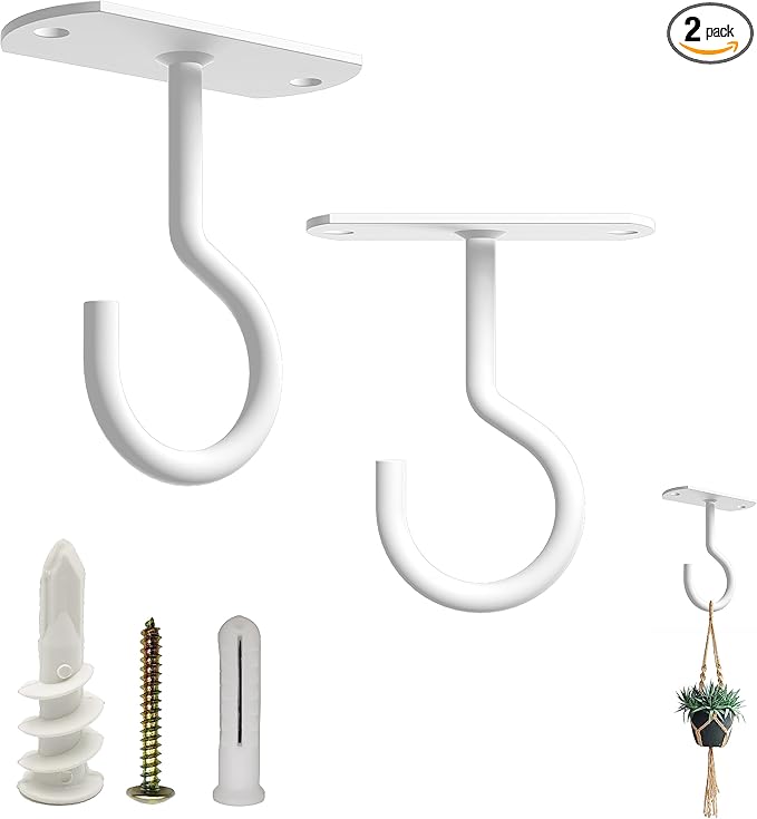 NACETURE Ceiling Hooks Heavy Duty 2 Pack - Plant Hooks for Ceiling Hanging Hook for Hanging Basket Hook, Light, Bird Feeders, Wind Chimes Décor Indoor & Outdoor (White, 2.5 Inch 2 Pack)