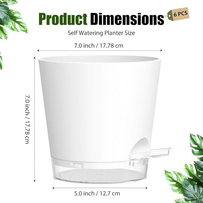 Plant Pots 7 Inch Self Watering Pots, 6 Pack Plastic Planters with Drainage Holes and Clear Saucers,Plastic Flower Pots for Indoor Out Door Plants(White)