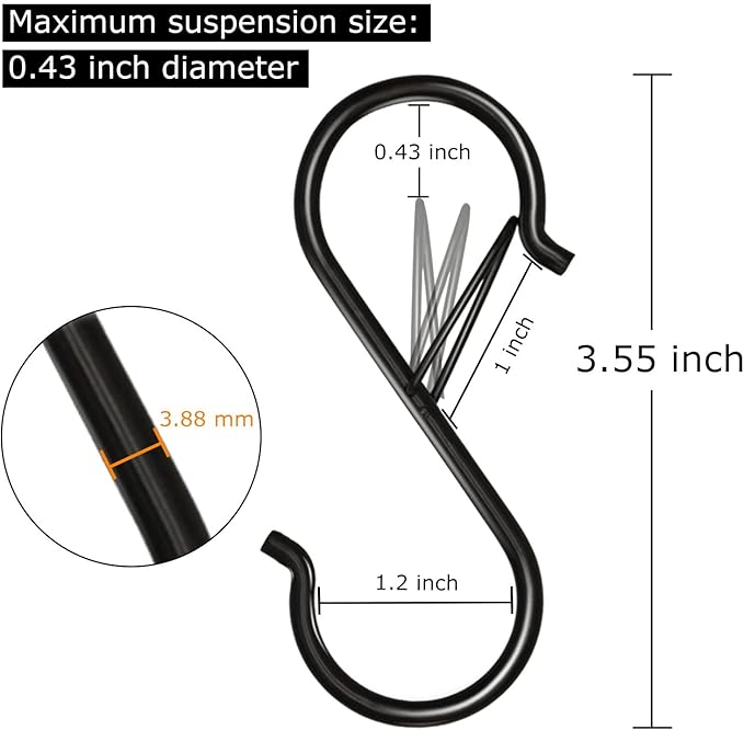 32 Pack S Hooks for Hanging, 3.5 inch Heavy Duty Metal S Hooks with Safety Buckle S Shaped Hooks Pot Rack Closet Hooks for Hanging Plants, Clothes, Kitchen Utensil, Pots, Pans, Bags (Black)