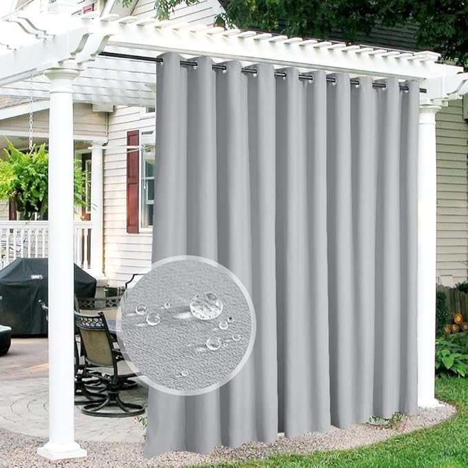 RYB HOME Extra Wide Outdoor Curtains for Patio Waterproof Heavy Duty Thermal Insulated in Summer Full Coverage Privacy for Porch, Cabana & Pool, W150 x L95, Light Grey, 1 Panel