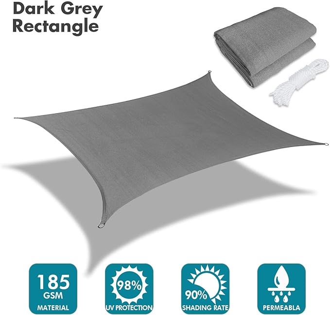 KANAGAWA 12'X22' Dark Gray Custom Size Sun Shade Sail Rectangle UV Block Canopy Cover for Patio Backyard Lawn Garden Outdoor (Customized Available)