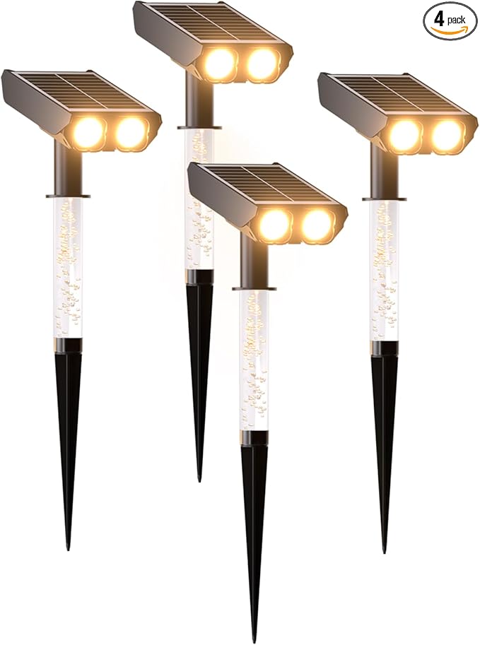 Solar Spotlights Outdoor Waterproof- 2 IN 1 Solar Spot Lights Outdoor with 2 Lighting Modes & PC Light Guide Column for Garden Yard Pathway | Warm Yellow 3000k Spotlights | IP65 Waterproof | 4 Pack
