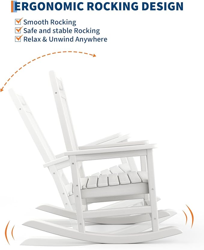 GarveeLife Poly Lumber Rocking Chair Outdoor Set of 6 - HDPE High Back Porch Rocker Chairs for Adults - All Weather Resistant Furniture for Patio - White