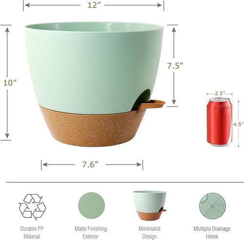12inch 2Pack Large Self Watering Planters, Plastic Plant Pots with 60oZ Removable Deep Reservoir and Multi Mesh Drainage Holes for Indoor Outdoor Garden Plants and Flowers, Green with Brown