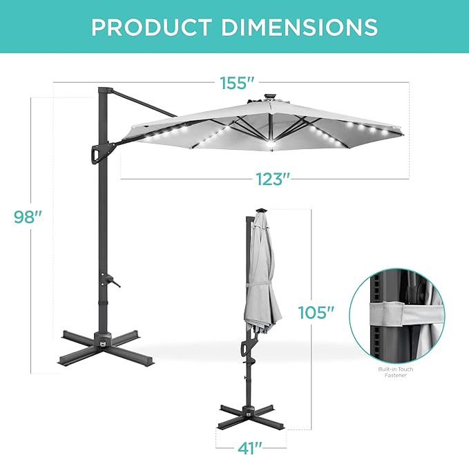 Best Choice Products 10ft Solar LED Cantilever Patio Umbrella, 360-Degree Rotation Hanging Offset Market Outdoor Sun Shade for Backyard, Deck, Poolside w/Lights, Easy Tilt, Cross Base