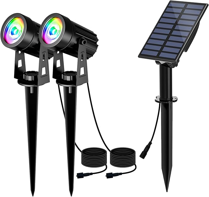 T-SUN Color Changing Solar Lights for Outside,Solar Spot Lights Outdoor Waterproof, Dual Head LED Landscape Spotlights for Garden, Pond, Yard, Trees, Pathway(RGB)