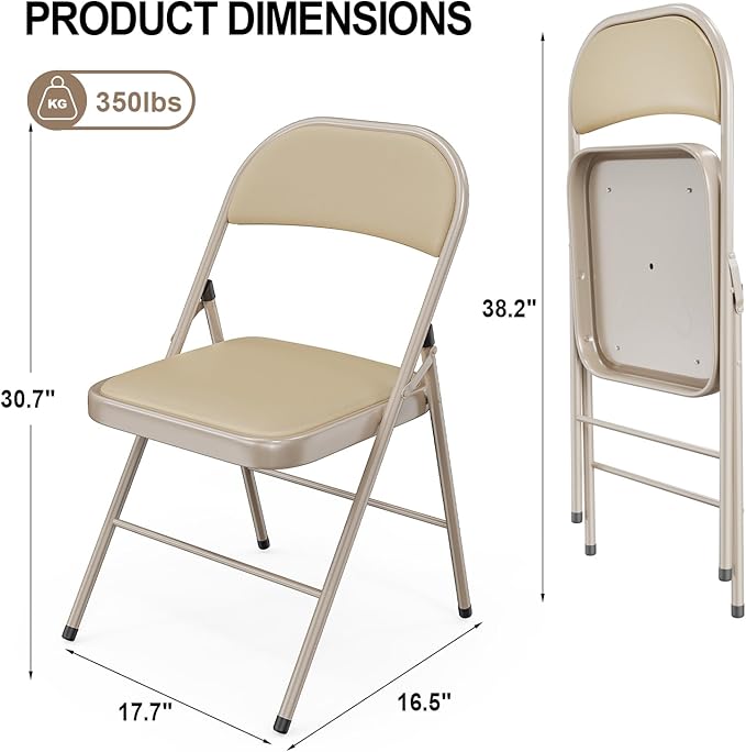 VINGLI 10 Pack Folding Chairs with Padded Seats, Metal Frame with Pu Leather Seat & Back, Capacity 350 lbs, Set of 10, Khaki