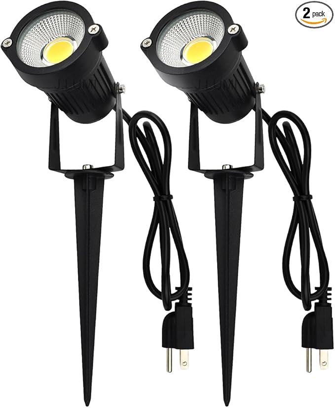 GSS6005 Plug in Spotlight Outdoor, 5W LED Landscape Spotlight 120V, 3000K Warm White, Metal Construction with Ground Stake, 3ft Cord and Plug, Black (Pack of 2)