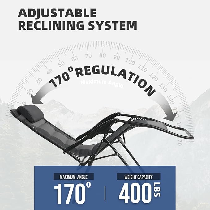 Zero Gravity Chair Set of 2 Oversized Padded Recliner with Adjustable Headrest & Cup Holder - 600D Oxford Folding Lounge Chair for Outdoor Camping, Patio, Poolside (Black & Gray)