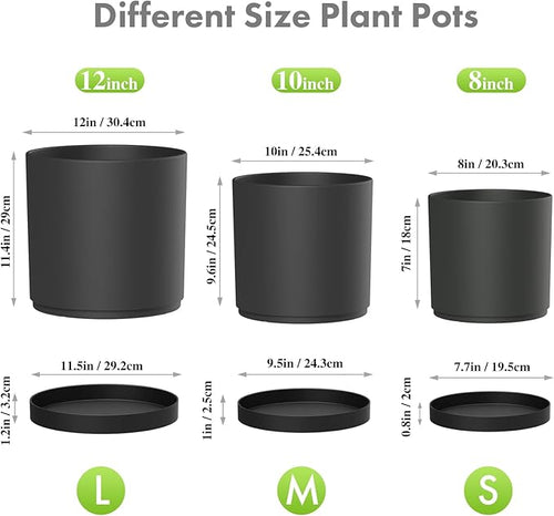 12/10/8 inch Large Deep Plant Pots, 3 Pack Tall Cylinder Flower Pots for Outdoor Indoor Plants, Plastic Planters with Drainage Holes and Saucers for Garden Porch House Plants, Black