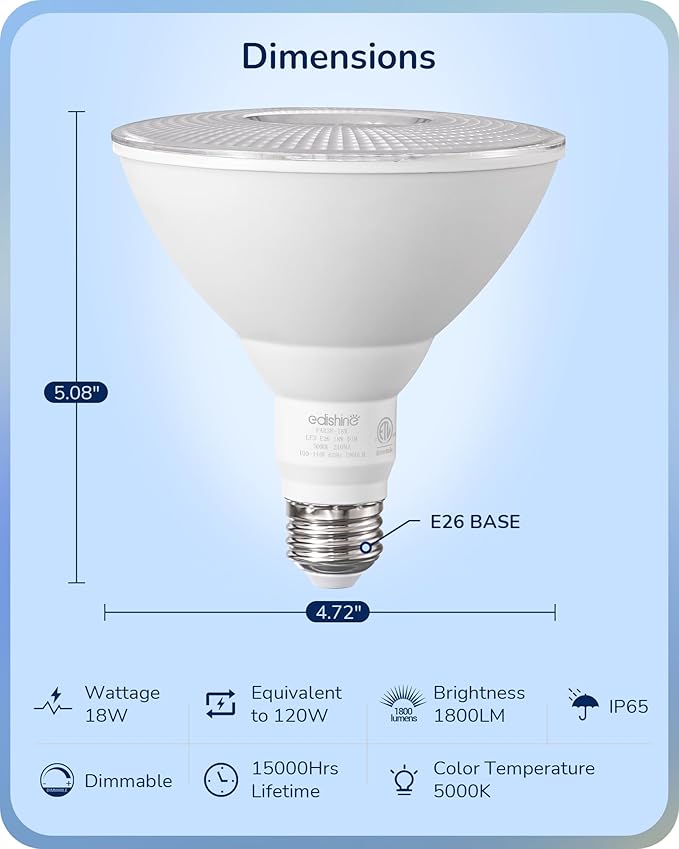 EDISHINE Flood Lights Outdoor, Dimmable PAR38 LED Outdoor Flood Light Bulbs, 120W Equivalent, IP65 Waterproof for Yard, Garage, Porch, 5000K Daylight White, 18W 1800LM, E26 Base, 6 Pack ETL Listed