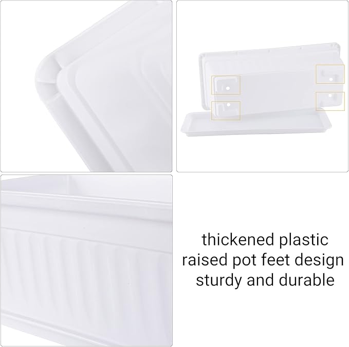 GREANER Plastic Flower Boxes Rectangle, 6 Pack Large Long Planter 16.9x7.48Inch Modern Thicken Vegetable Plant Pot with Tray for Garden, Kitchen, Houses, Offices, Balcony, Outdoor Indoor Use - White