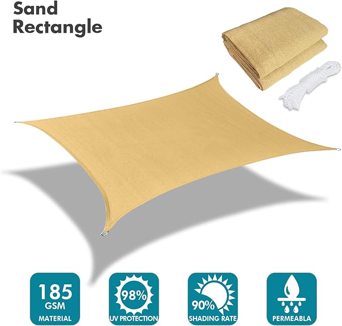 KANAGAWA 10'X16' Sand Custom Size Sun Shade Sail Rectangle UV Block Canopy Cover for Patio Backyard Lawn Garden Outdoor (Customized Available)