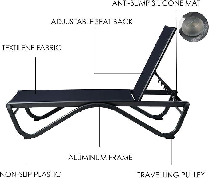 Kozyard Outdoor Chaise Lounge Chair, Full Aluminum Frame, Adjustable Reclining Patio Lounger for Poolside, Sunbathing & Backyard, Textilene (NavyBlue, 2Chairs + Table)