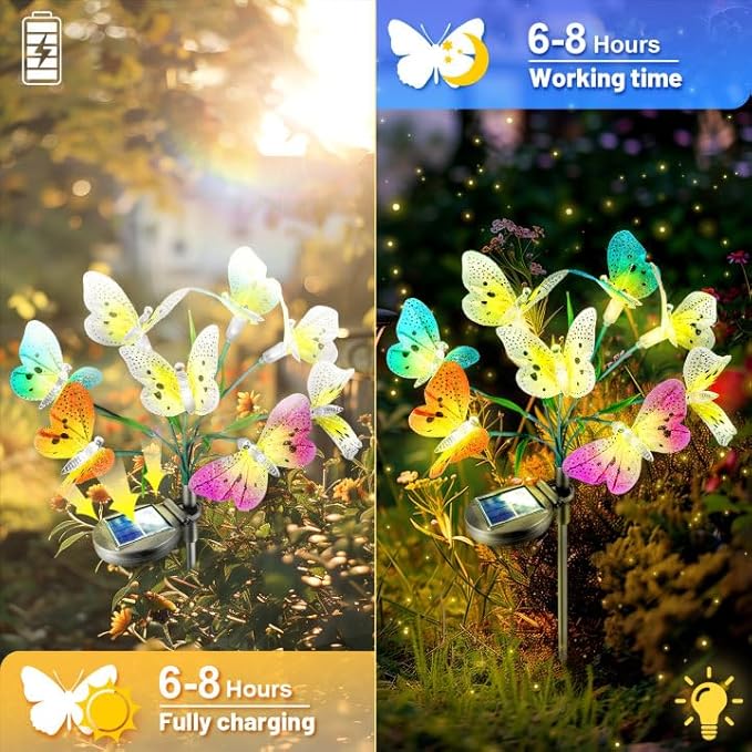 Anordsem Solar Garden Lights Outdoor: 8 Removable Fiber Optic Fabric Butterflies 4 Pack - Waterproof Fun Animal Decoration for Yard Patio - Gardening Gifts for Garden Lovers
