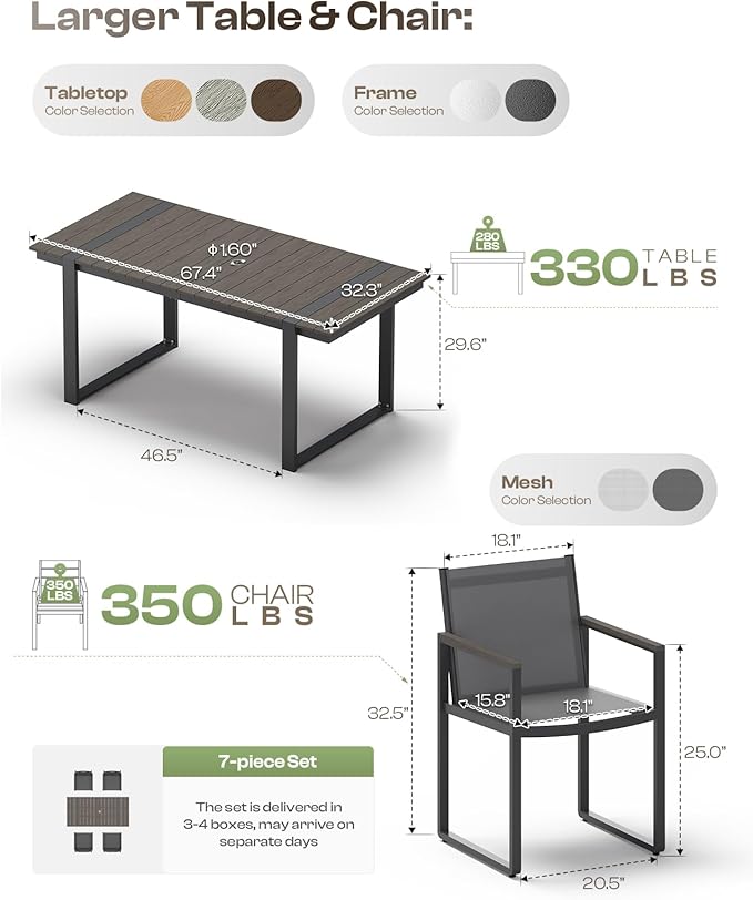 Outdoor Table and Chairs of 4, Patio Dining Sets, HDPS + Aluminum Outdoor Furniture Set with Umbrella Hole, Patio Dining Table Set (Charcoal)