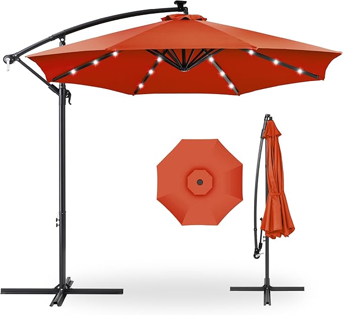 Best Choice Products 10ft Solar LED Offset Cantilever Hanging Market Patio Umbrella, 8 Sturdy Ribs, Easy Adjustment - Rust